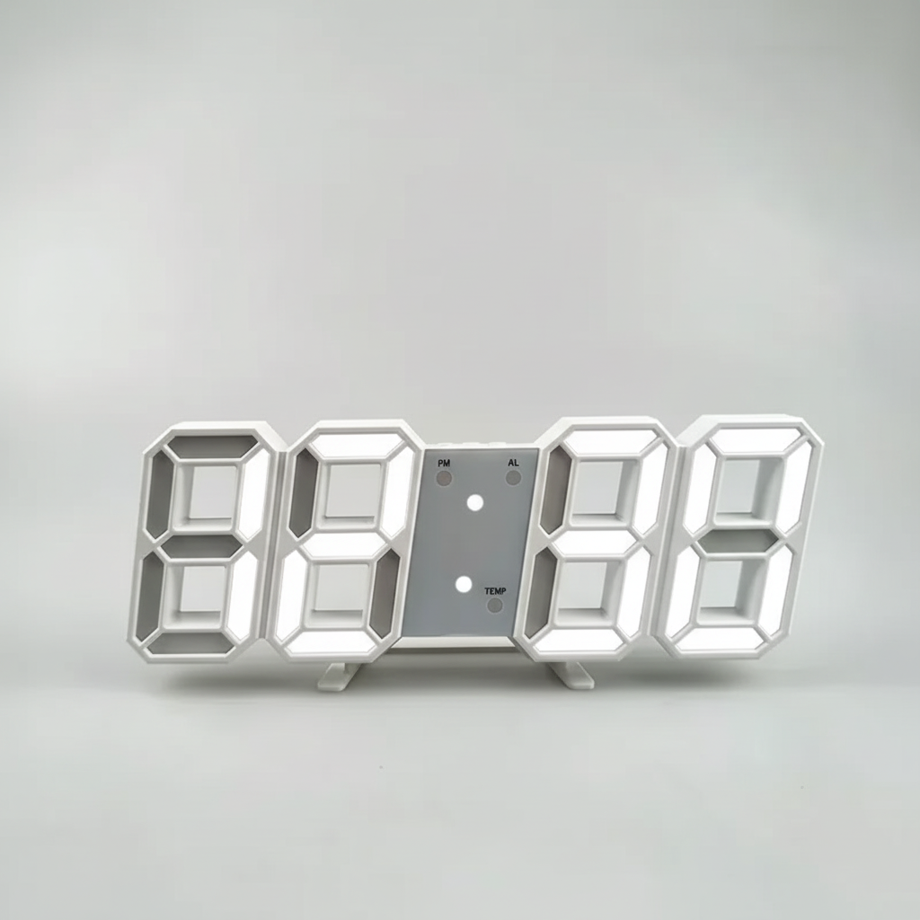 Modern LED digital wall clock with 3D digits displaying time date and temperature