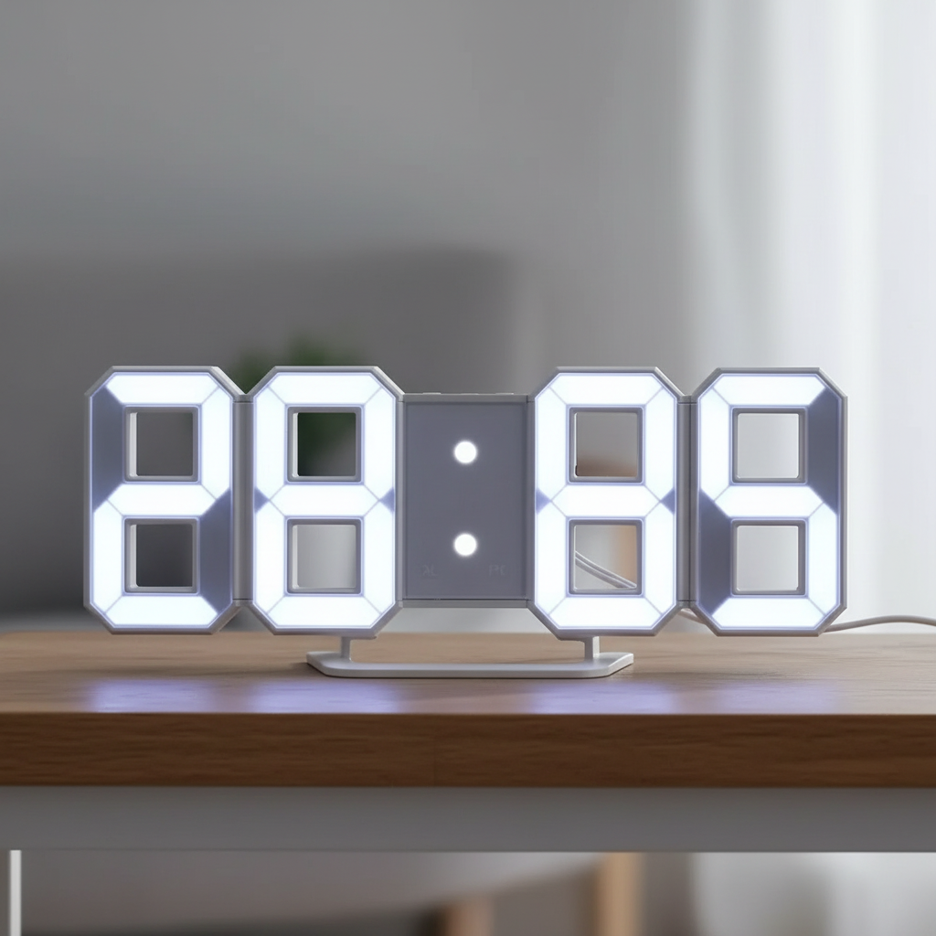 Modern LED digital wall clock with 3D digits displaying time date and temperature