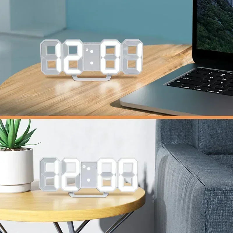 Modern LED digital wall clock with 3D digits displaying time date and temperature