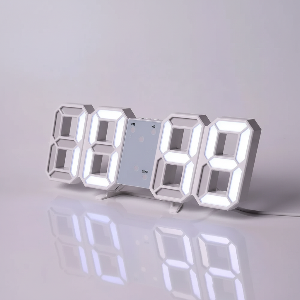 Modern 3D LED digital wall clock with large digits and calendar display