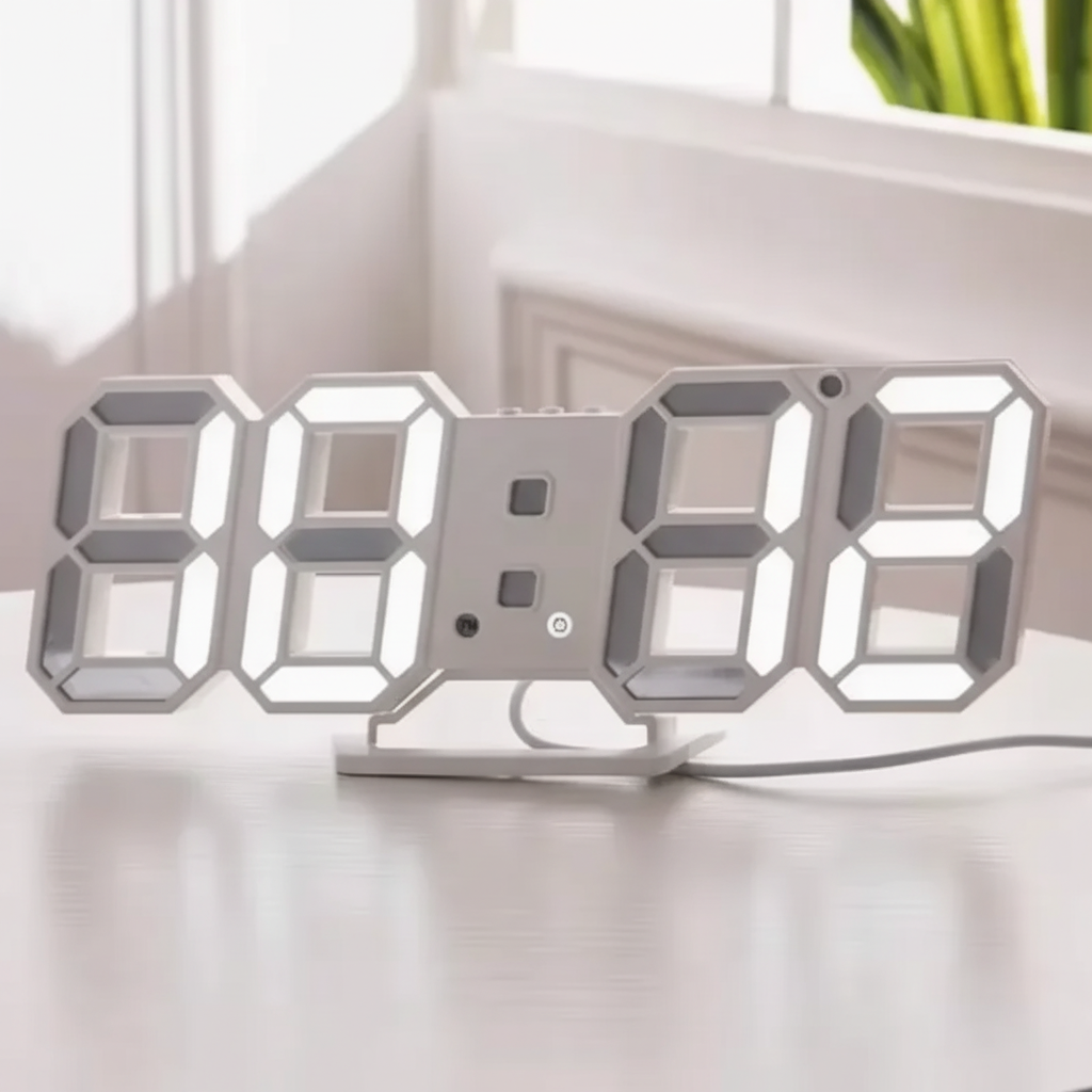 Modern 3D LED digital wall clock with large digits and calendar display