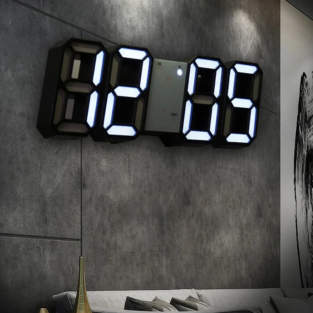 Modern 3D LED digital wall clock with large digits and calendar display