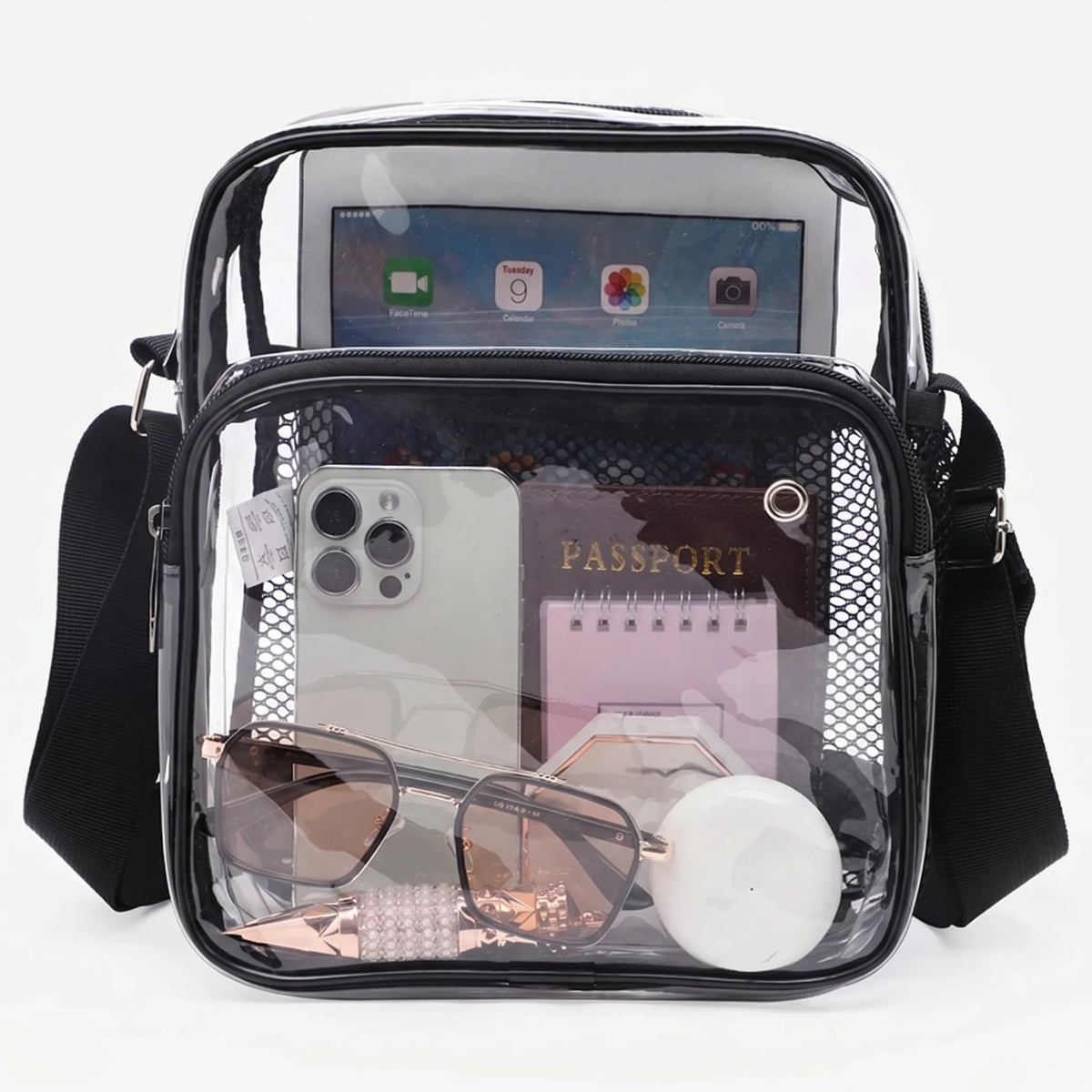 Transparent crossbody bag with mesh front pocket and adjustable strap
