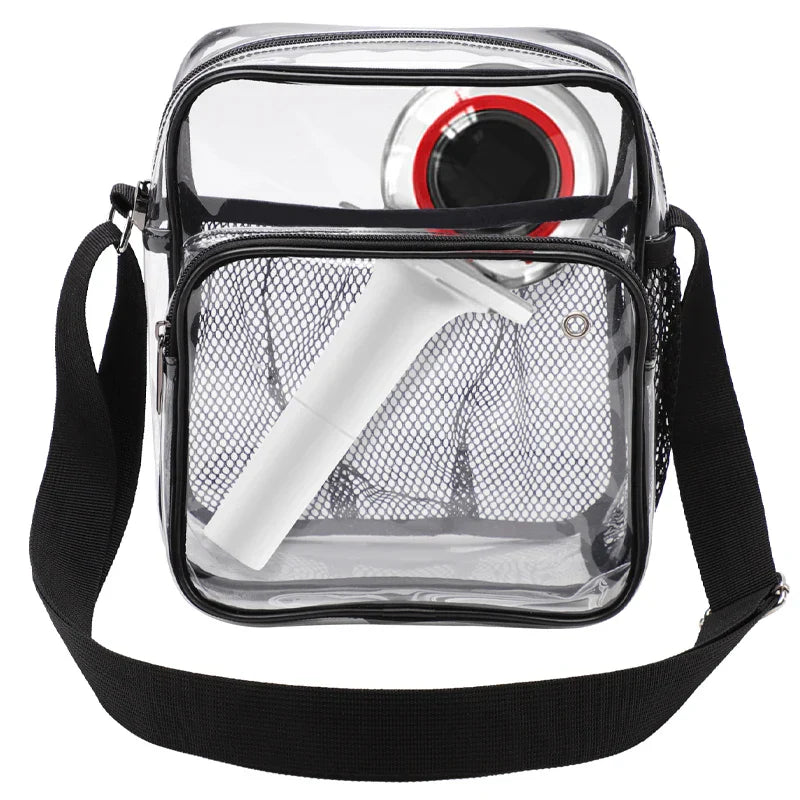 Transparent crossbody bag with mesh front pocket and adjustable strap