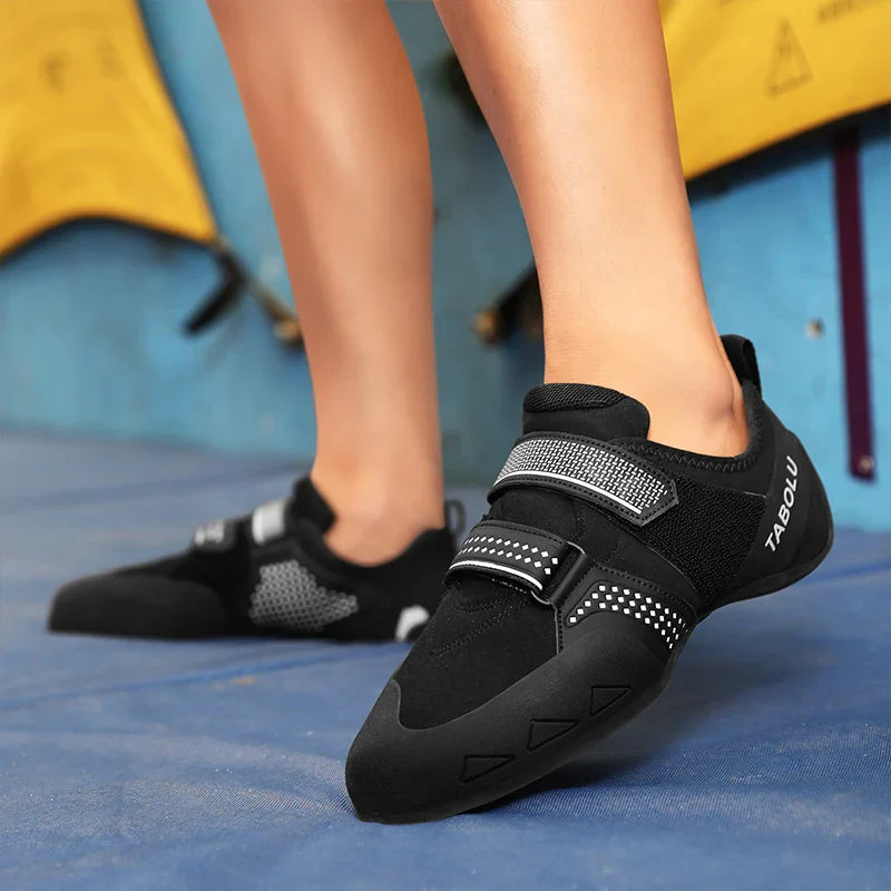 Entry-level climbing shoes with velcro strap and grippy anti-slip sole