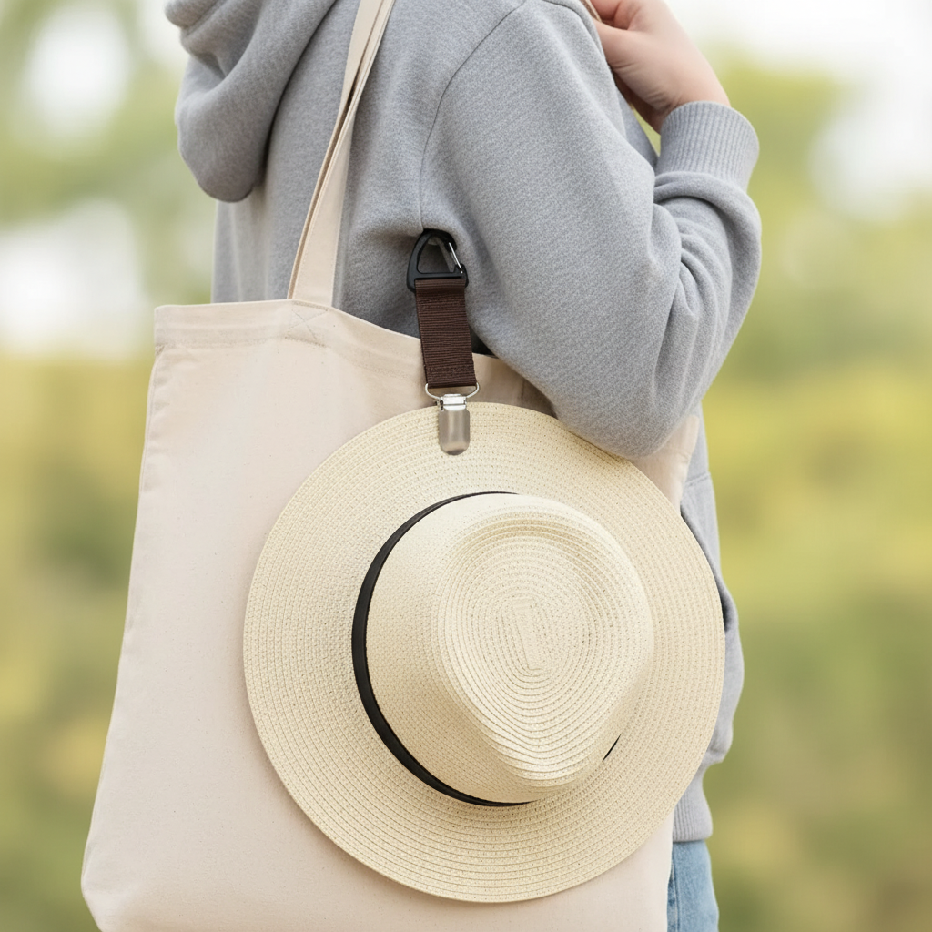 Portable metal clip strap hanger for hats and travel accessories