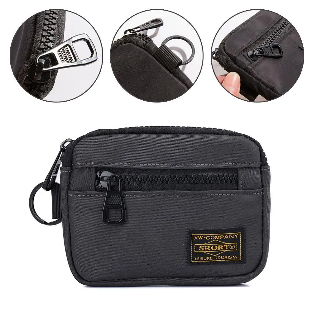 Compact zipper coin pouch with key ring attachment and front pocket