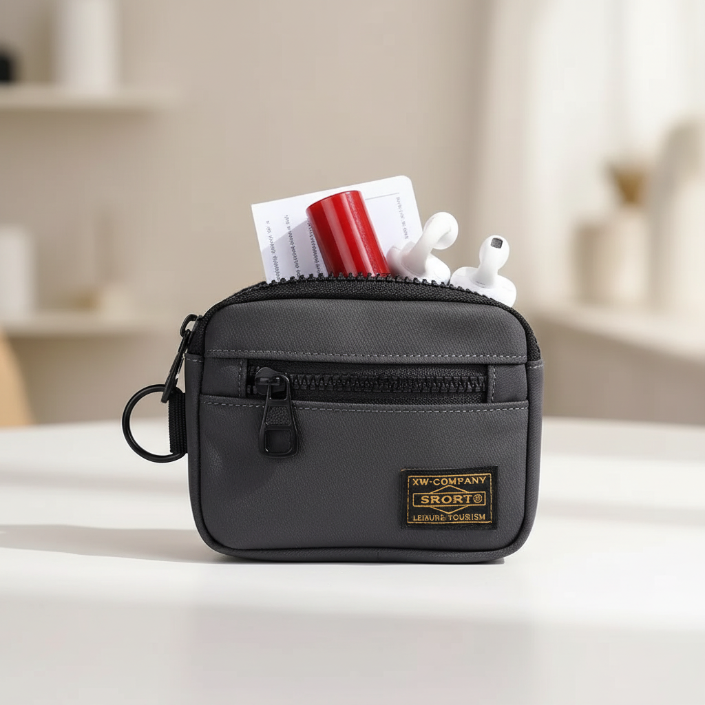 Compact zipper coin pouch with key ring attachment and front pocket