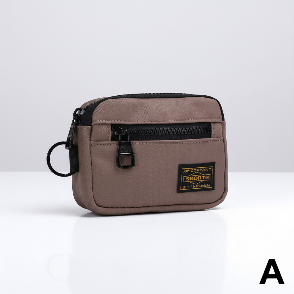 Compact zipper coin pouch with key ring attachment and front pocket