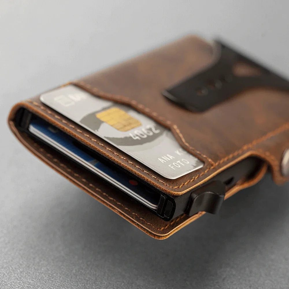 Slim pop-up card wallet with RFID blocking and money clip