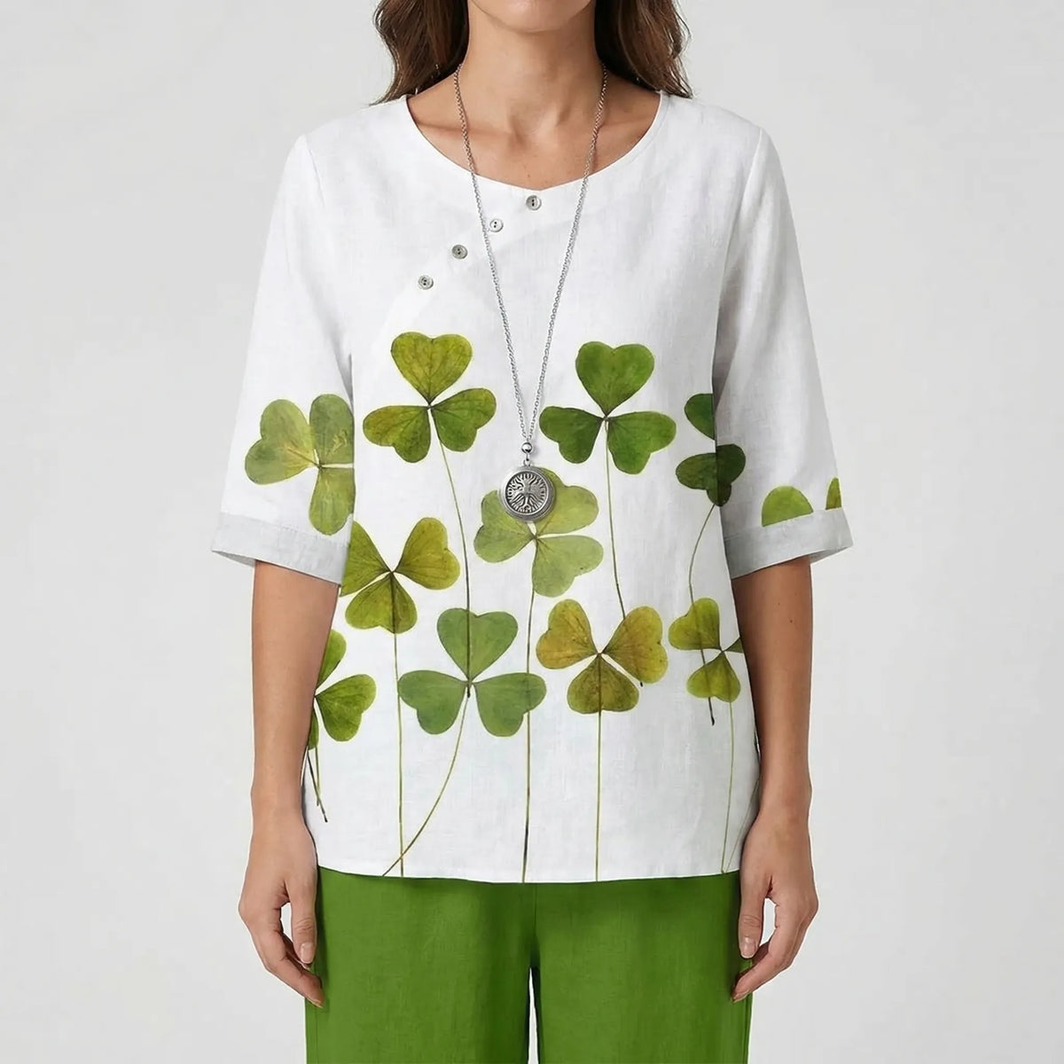 Women's clover print short-sleeve top and high-waist pant set