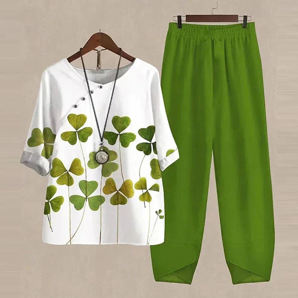Women's clover print short-sleeve top and high-waist pant set