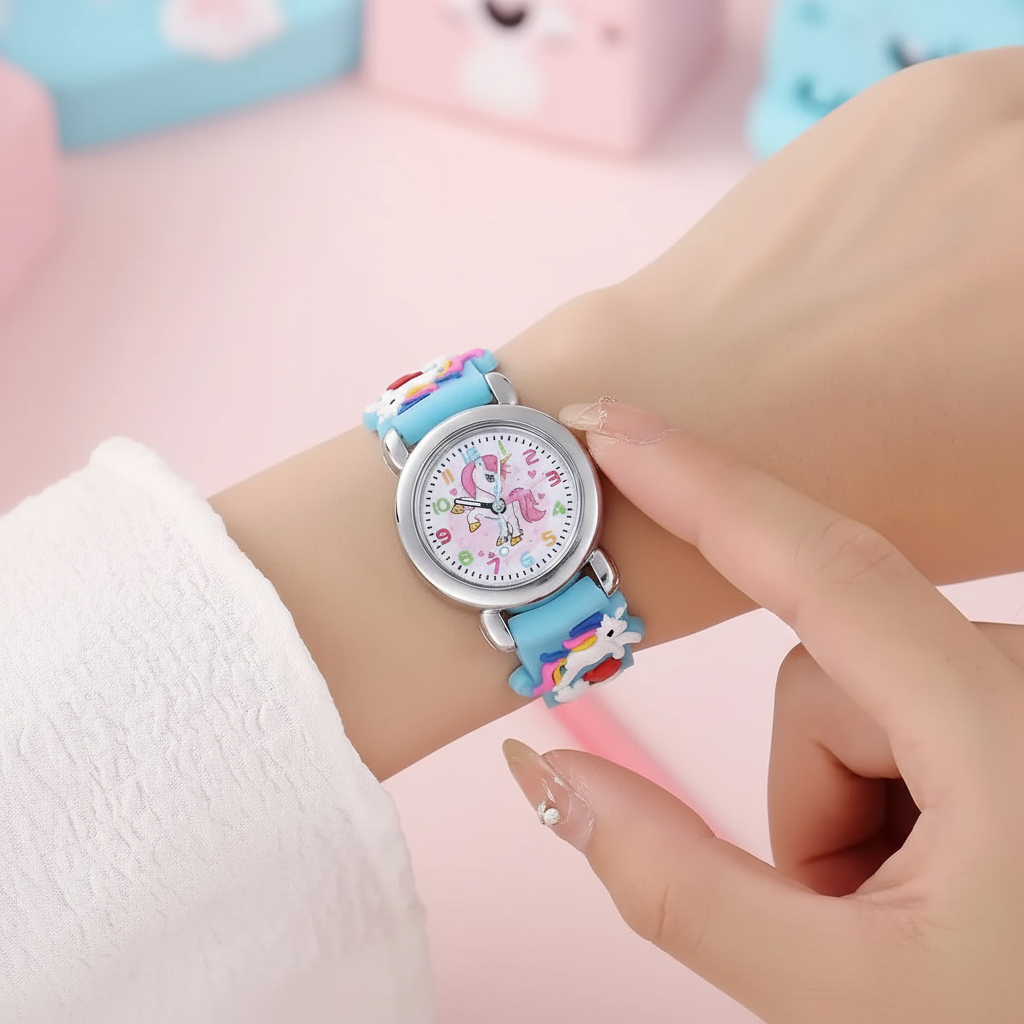 Kids unicorn watch with colourful silicone strap and clear analogue display