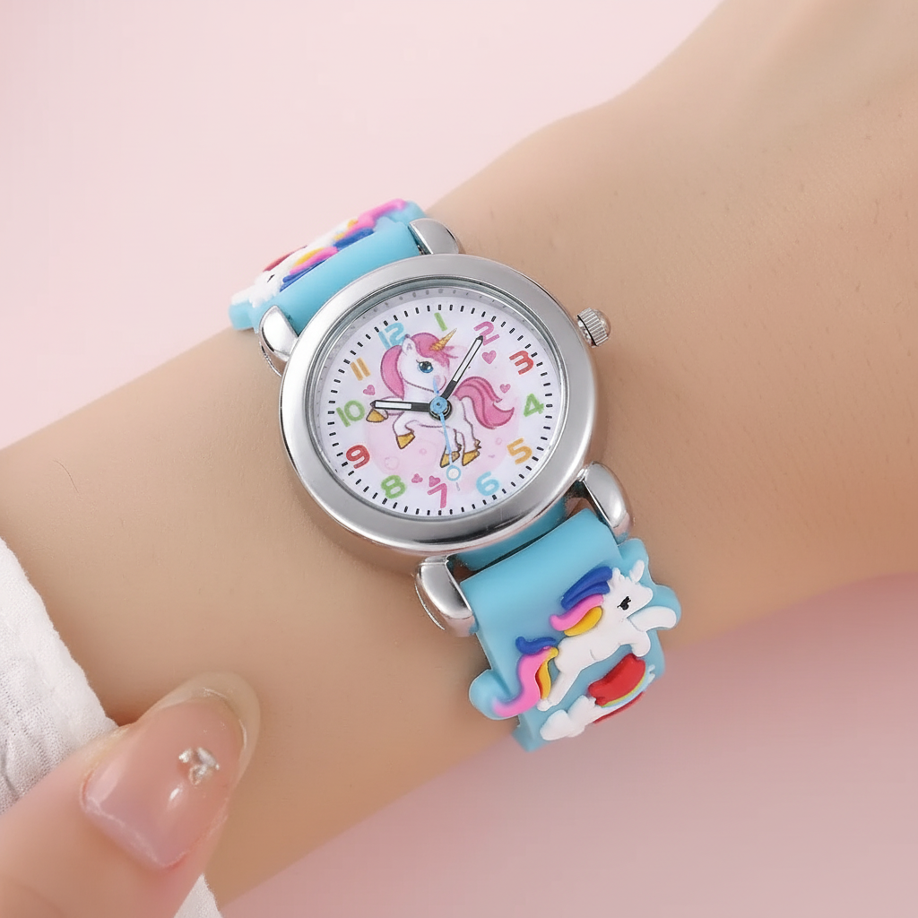 Kids unicorn watch with colourful silicone strap and clear analogue display