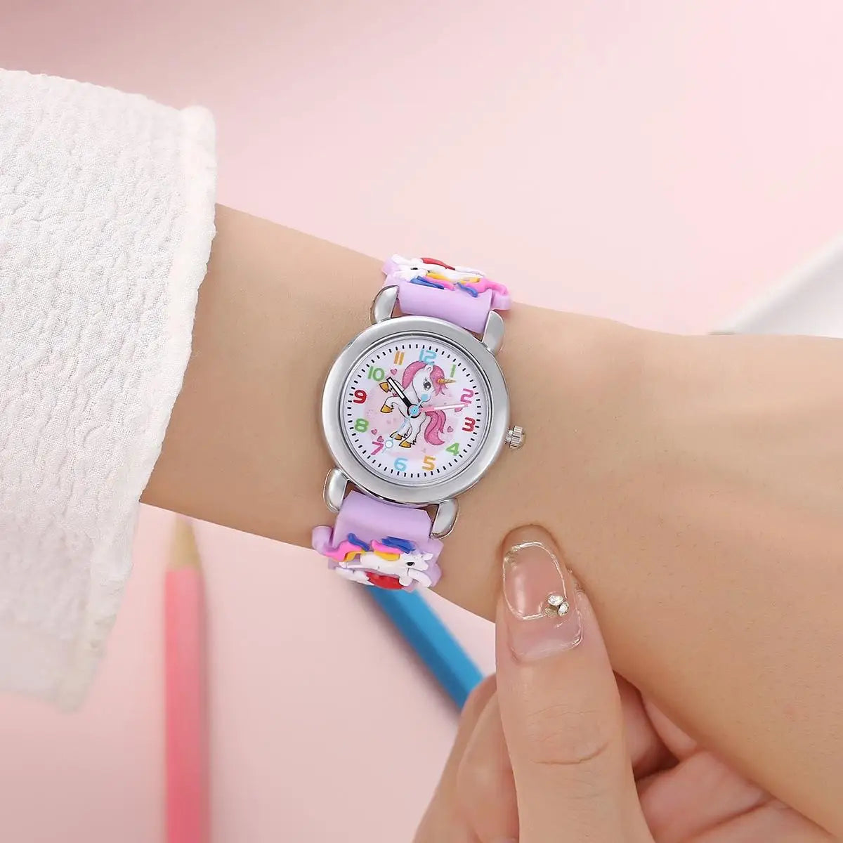 Kids unicorn watch with colourful silicone strap and clear analogue display
