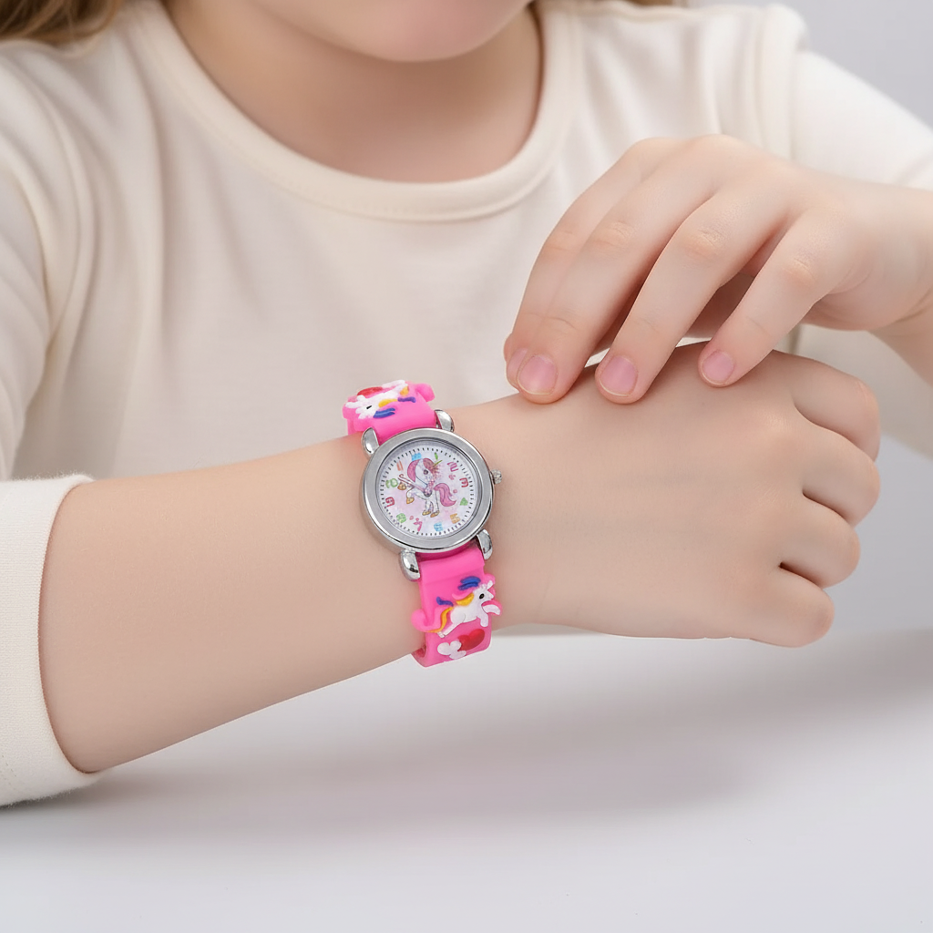 Kids unicorn watch with colourful silicone strap and clear analogue display