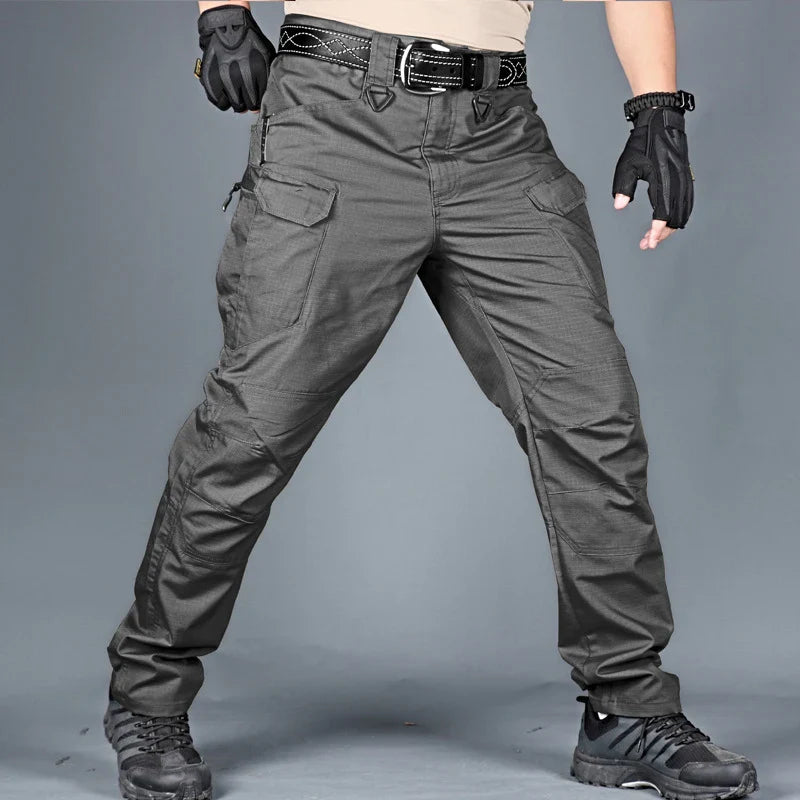 Tactical cargo trousers with multiple pockets and water-repellent finish