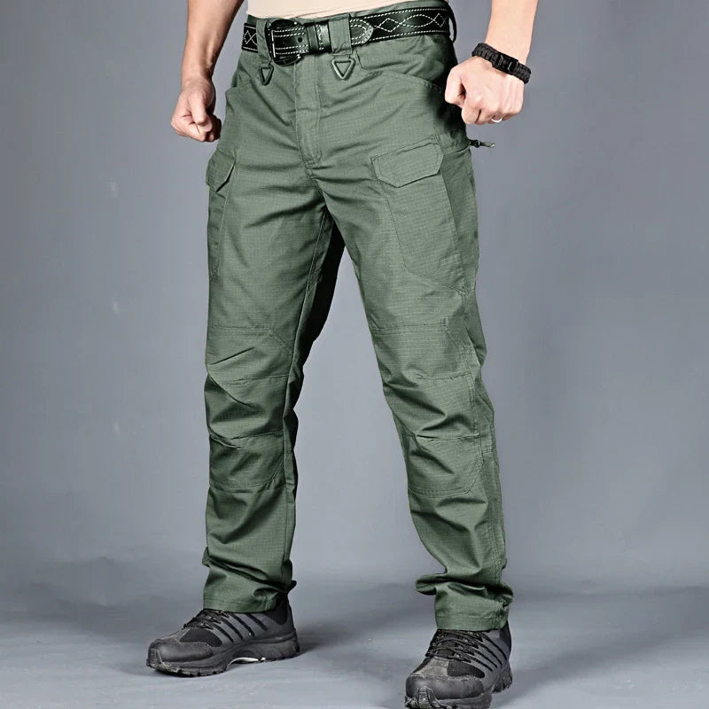 Tactical cargo trousers with multiple pockets and water-repellent finish