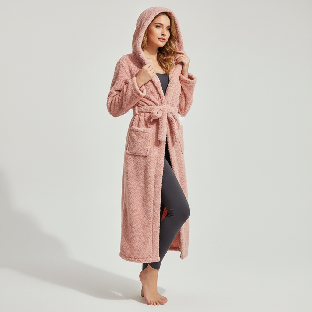 Hooded plush bathrobe with deep pockets and adjustable waist belt