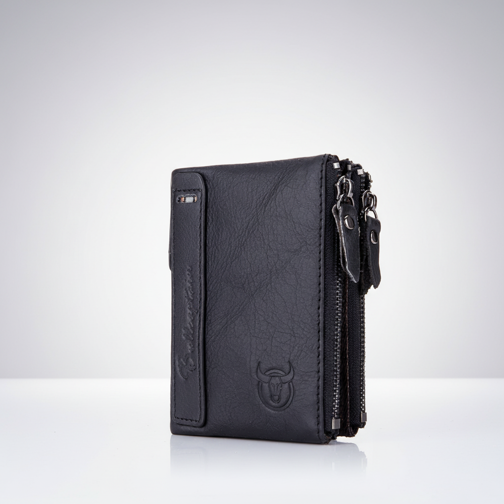 Compact retro men's wallet with zip closure and coin pocket