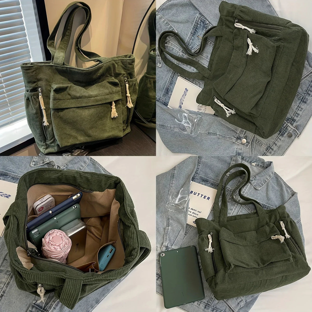 Corduroy shoulder tote with multiple external pockets and rope details