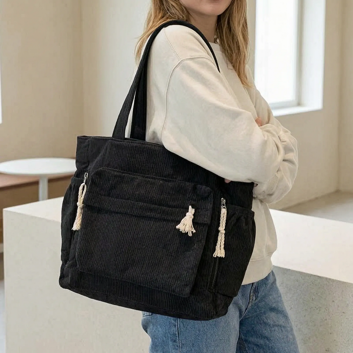 Corduroy shoulder tote with multiple external pockets and rope details