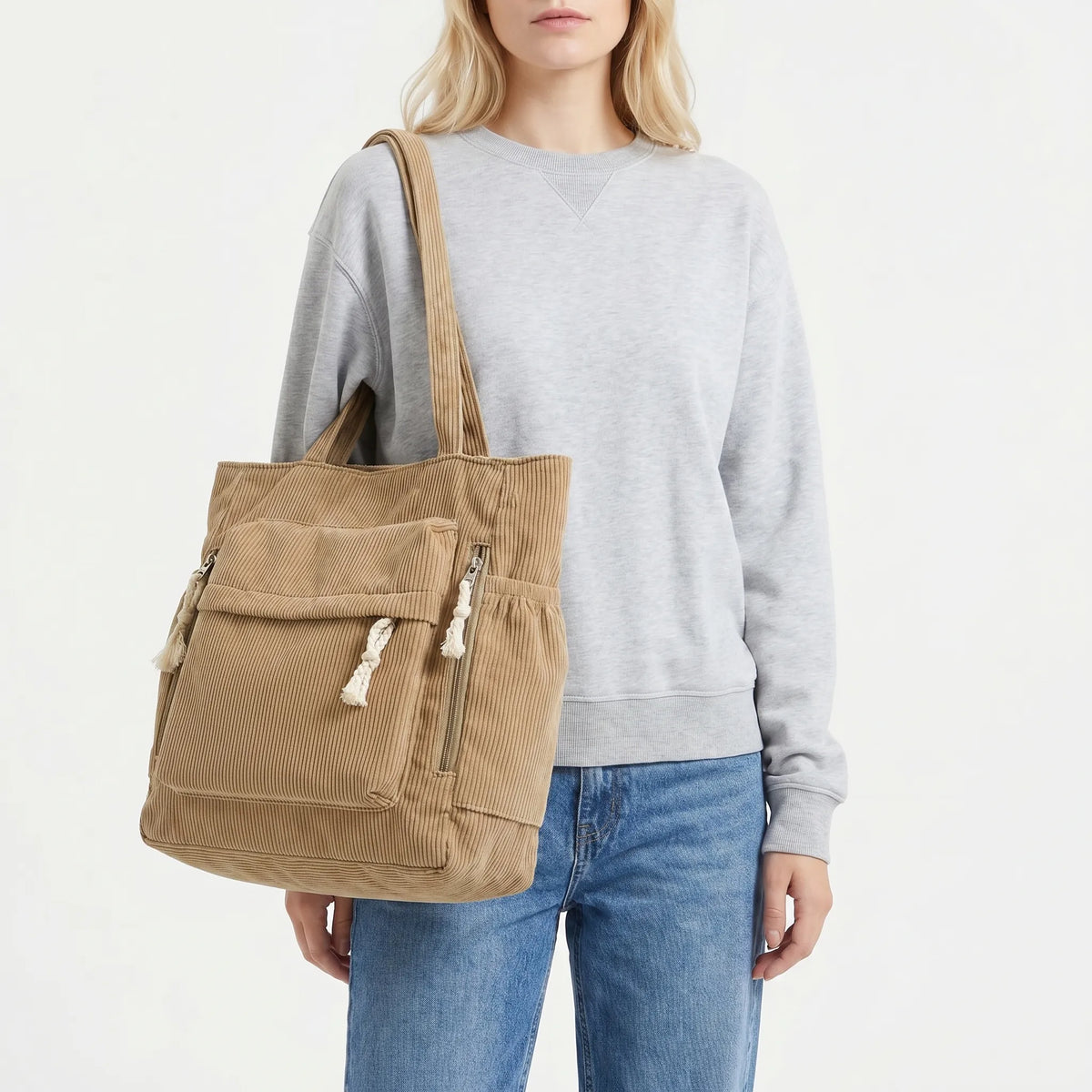 Corduroy shoulder tote with multiple external pockets and rope details