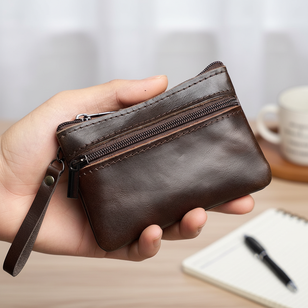 Compact zip coin purse with attached key ring and handcrafted stitching