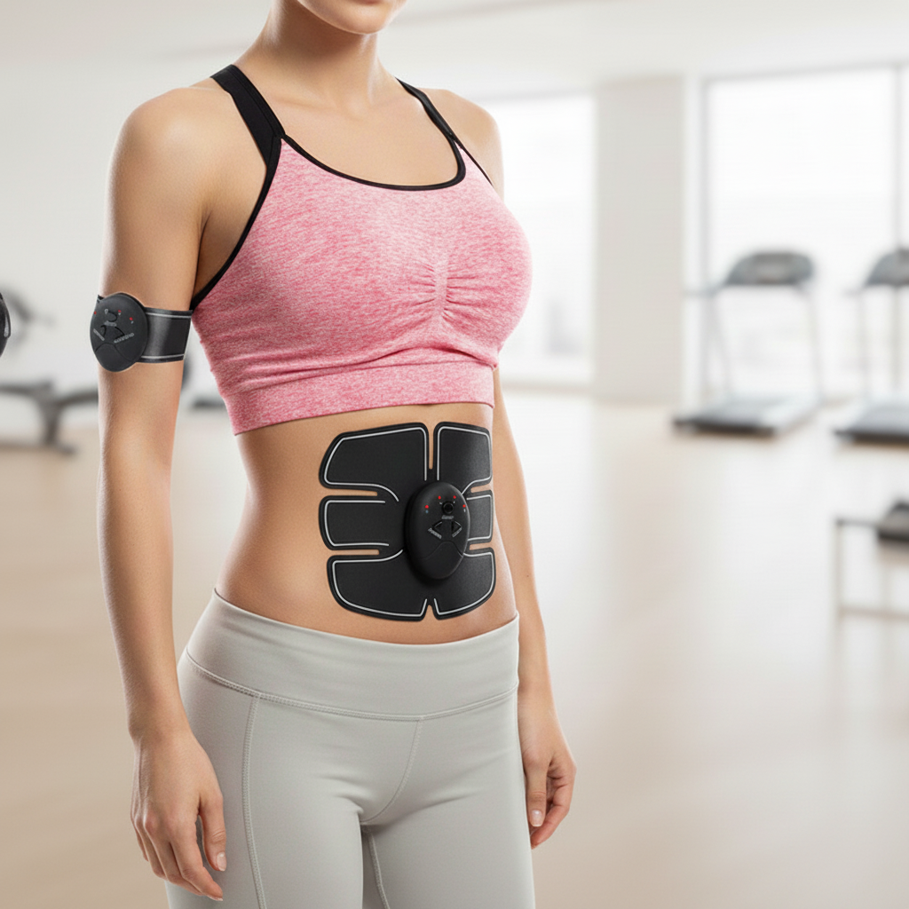 Wireless EMS abdominal trainer with composite pads for muscle stimulation