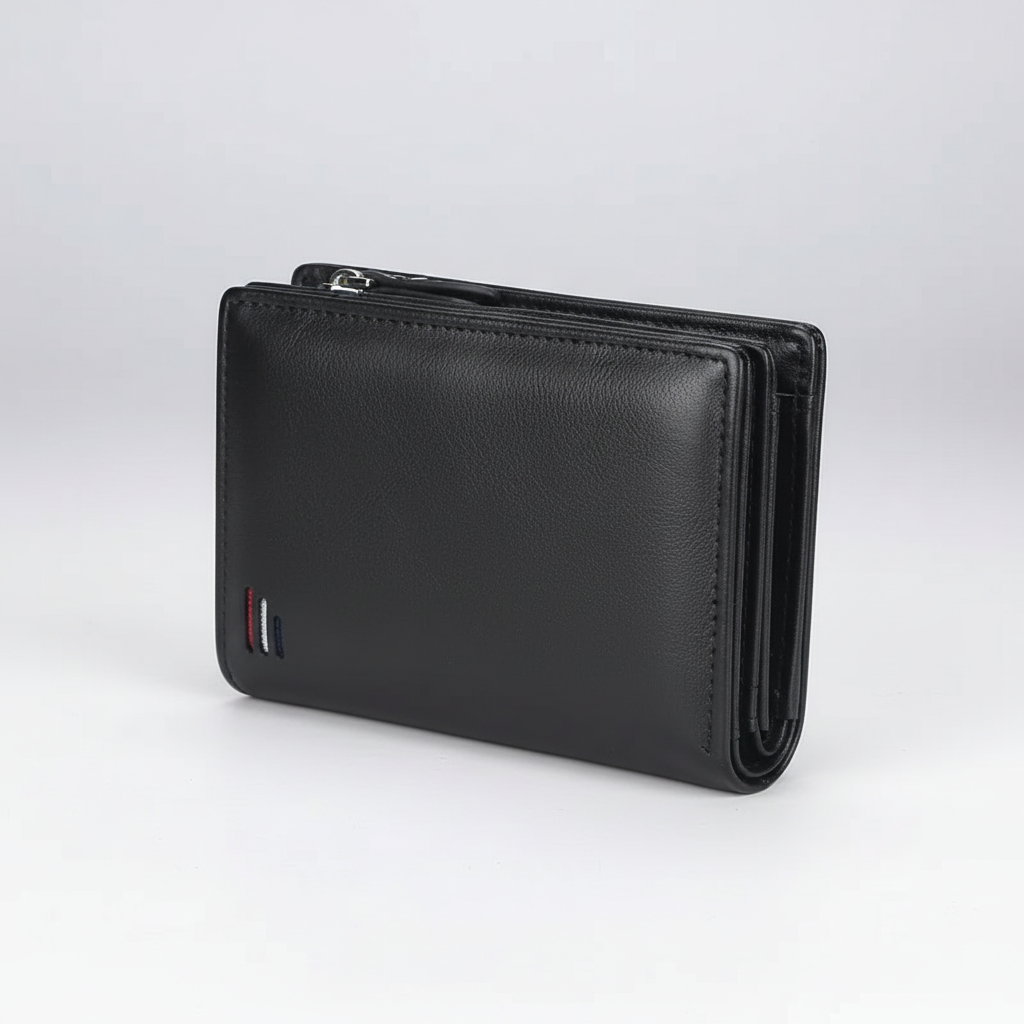 Compact men's wallet with secure zipper coin pocket and multiple card slots