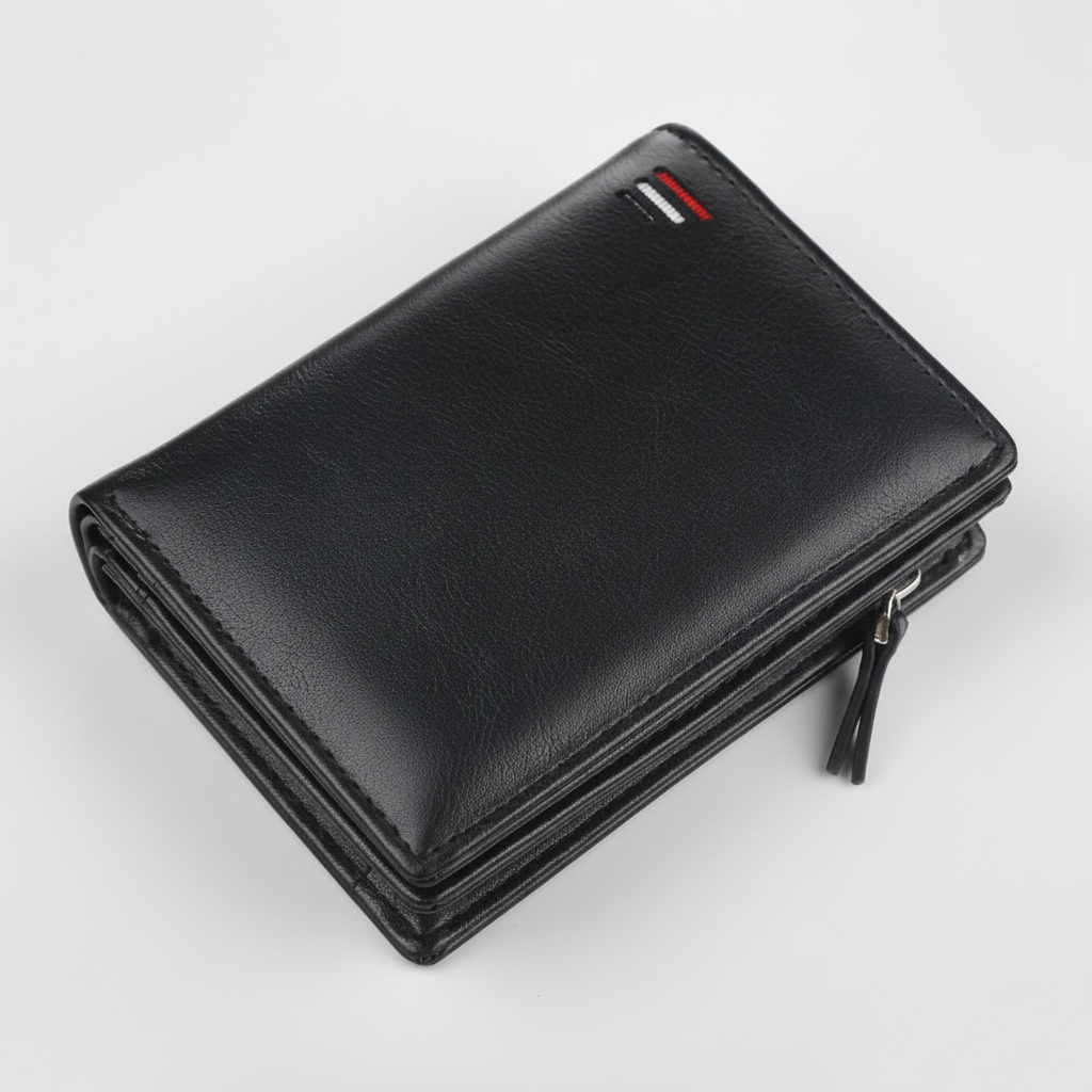 Compact men's wallet with secure zipper coin pocket and multiple card slots