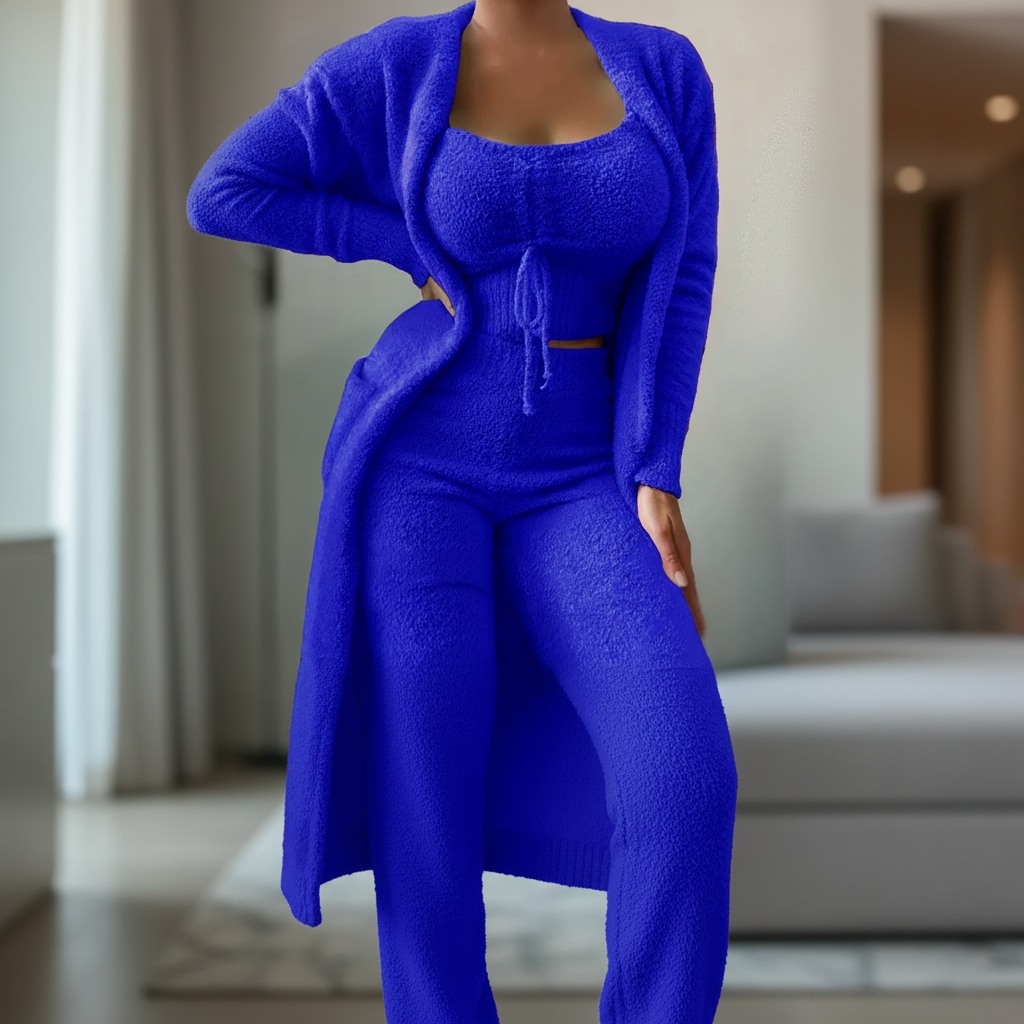Women's three-piece lounge set with crop top, pants and long coat
