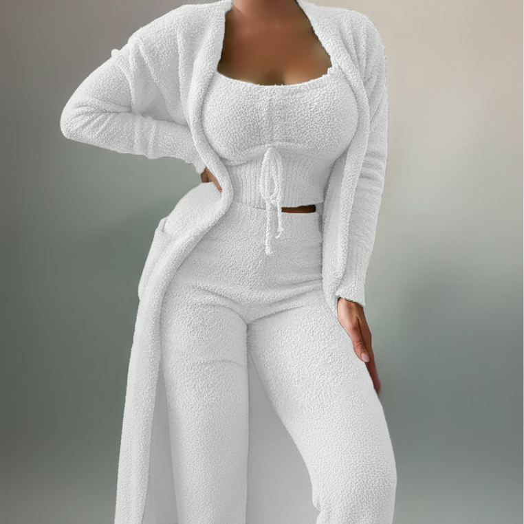 Women's three-piece lounge set with crop top, pants and long coat
