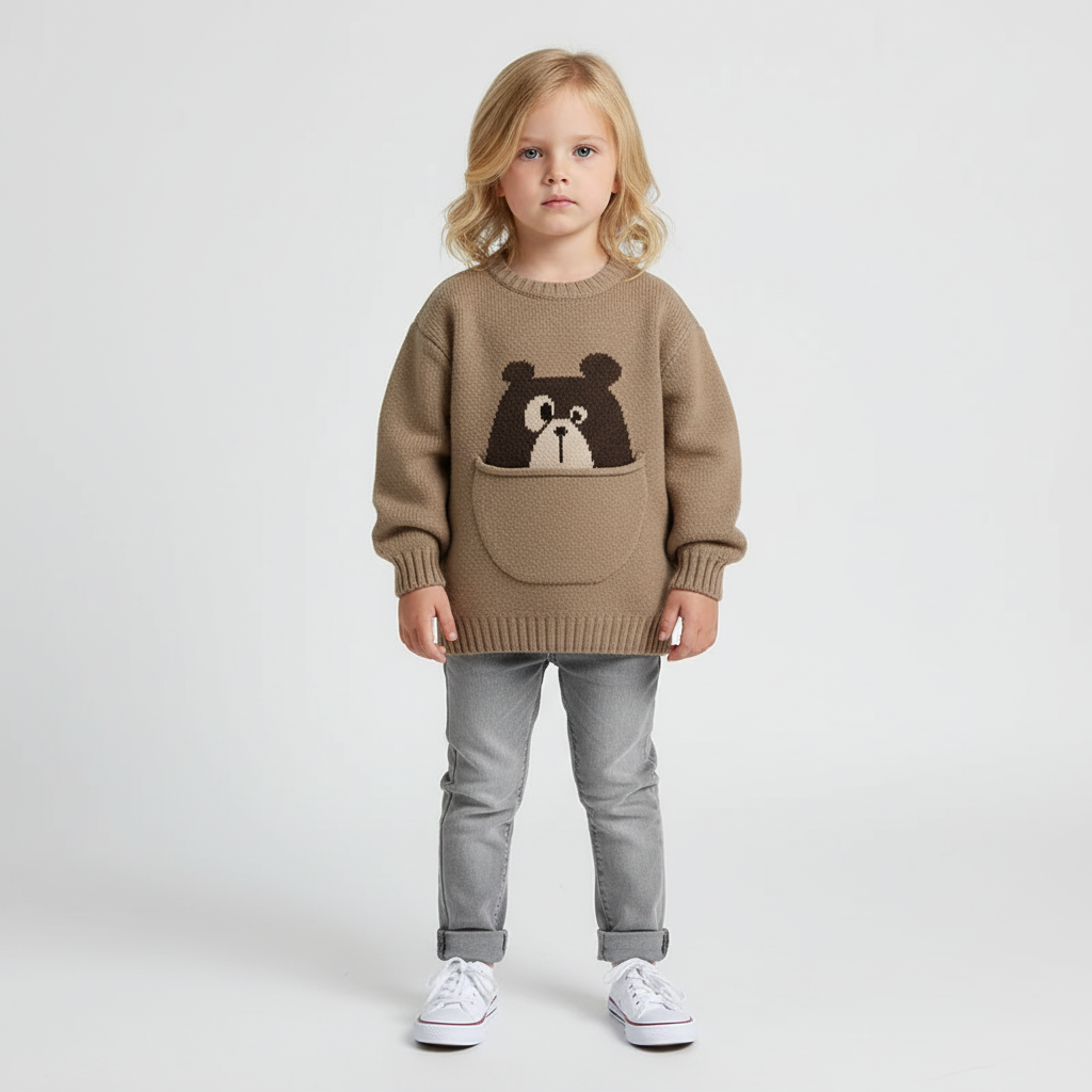 Kids cotton knit sweater with cute pocket design and long sleeves
