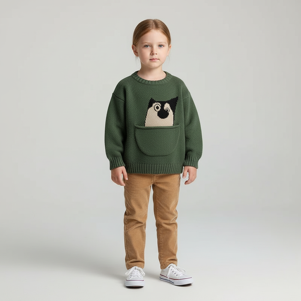 Kids cotton knit sweater with cute pocket design and long sleeves