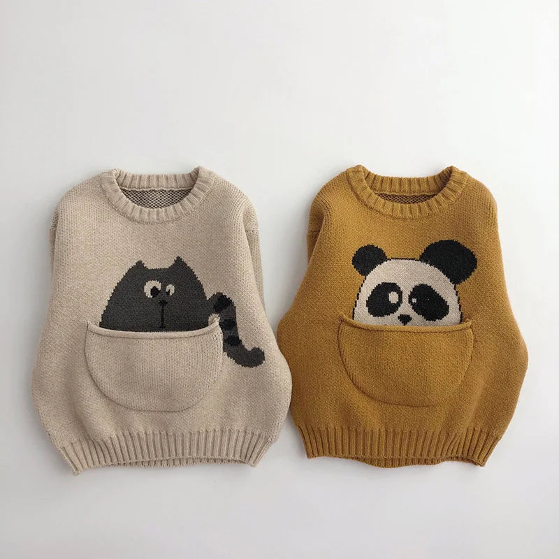Kids cotton knit sweater with cute pocket design and long sleeves