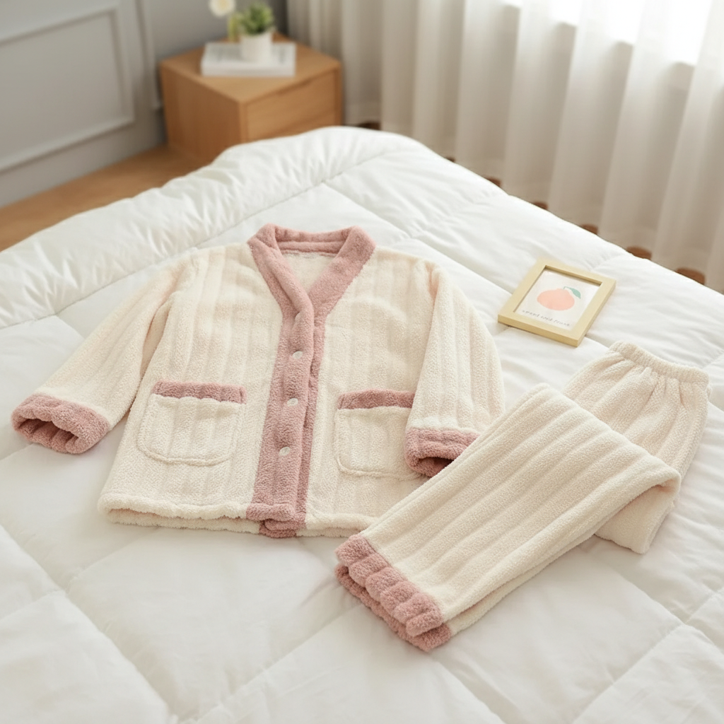 Two-piece long-sleeve pyjama set with thickened plush warmth