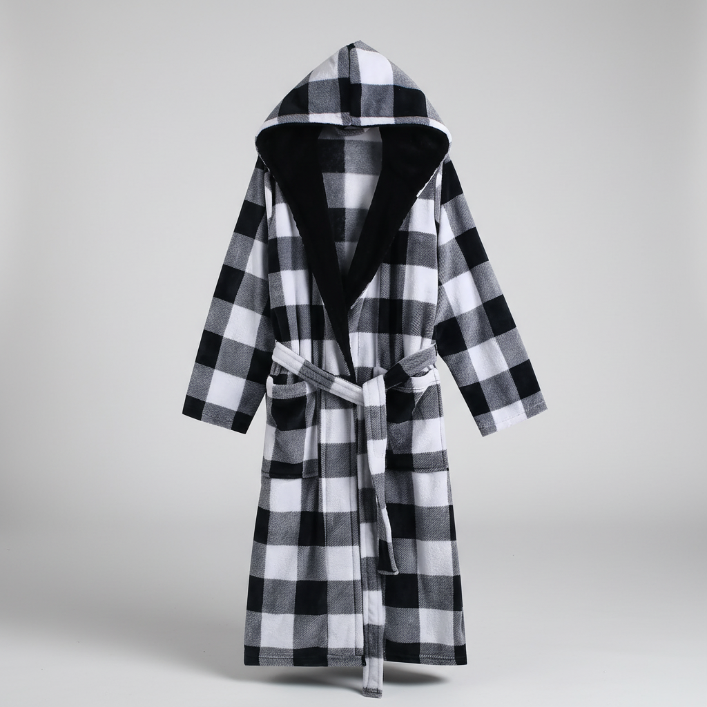 Long plush bathrobe with shawl collar and front pockets