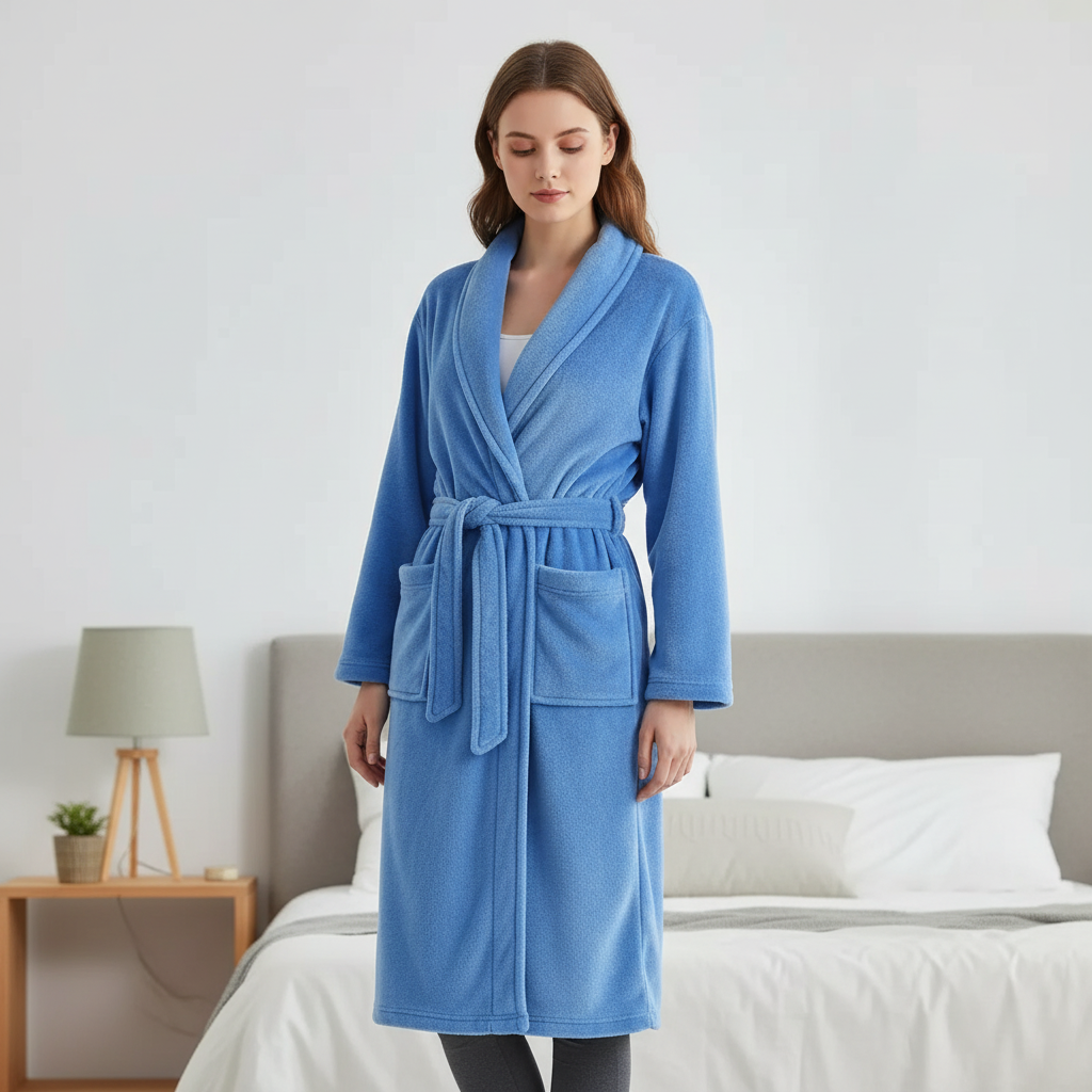 Long plush bathrobe with shawl collar and front pockets