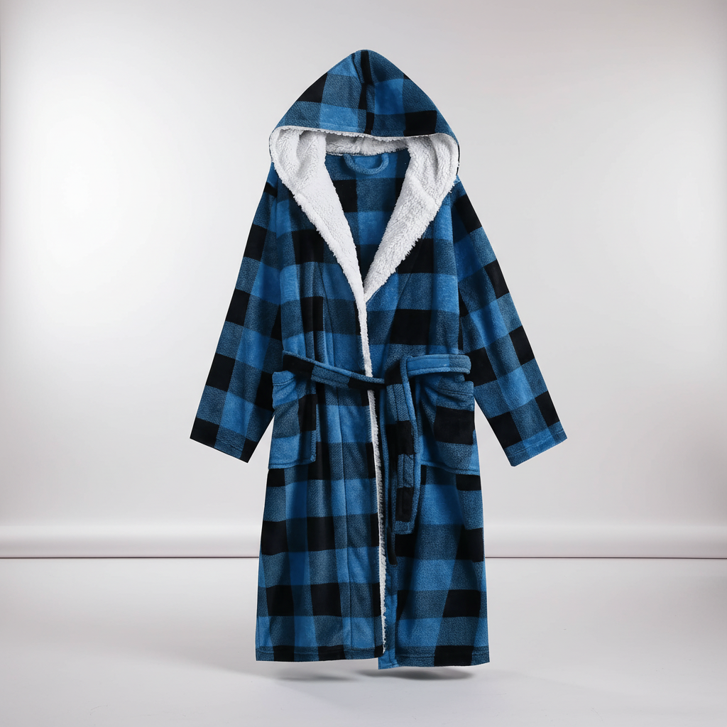 Long plush bathrobe with shawl collar and front pockets