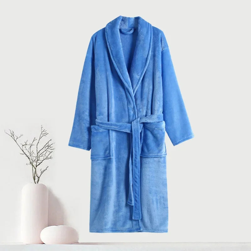 Long plush bathrobe with shawl collar and front pockets