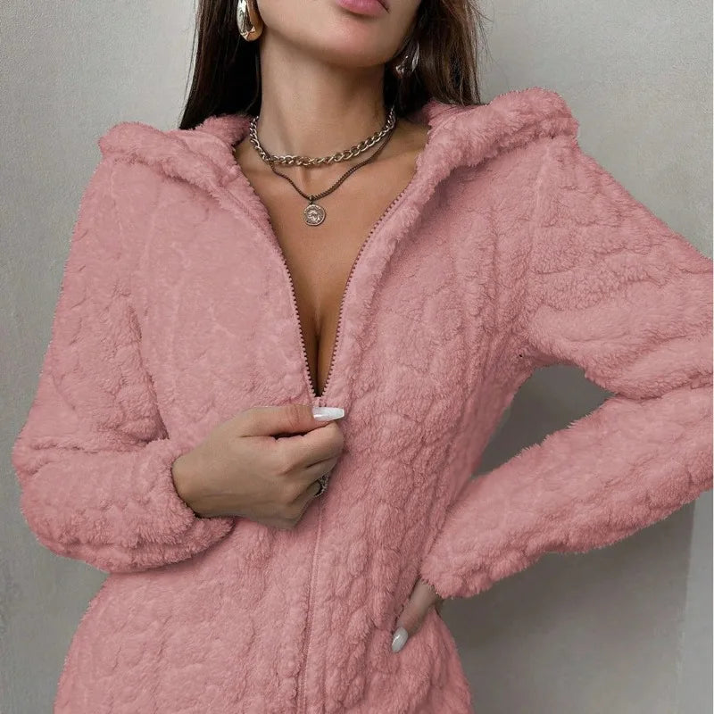 Hooded onesie loungewear with thick plush insulation and full sleeves