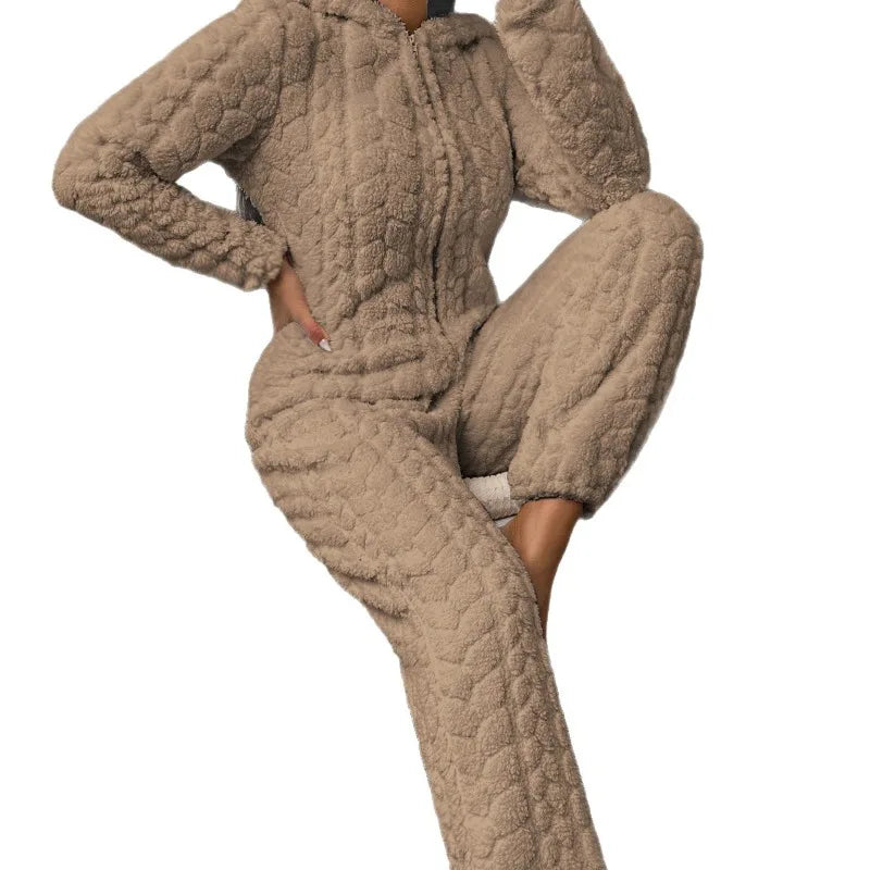 Hooded onesie loungewear with thick plush insulation and full sleeves