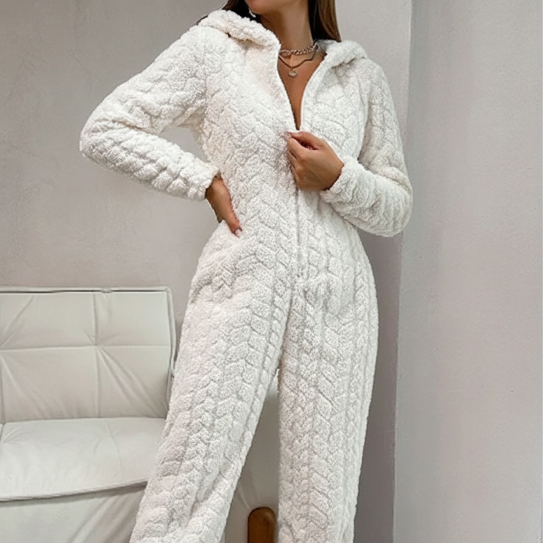 Hooded onesie loungewear with thick plush insulation and full sleeves