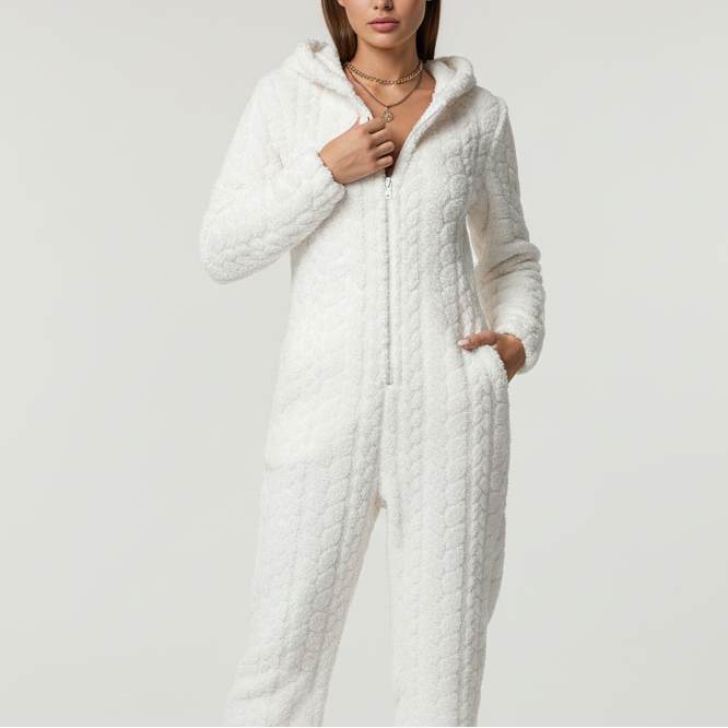 Hooded onesie loungewear with thick plush insulation and full sleeves