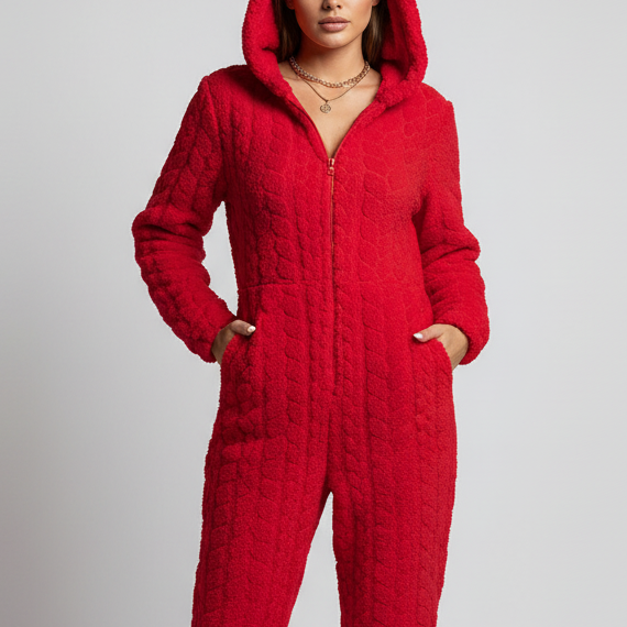 Hooded onesie loungewear with thick plush insulation and full sleeves