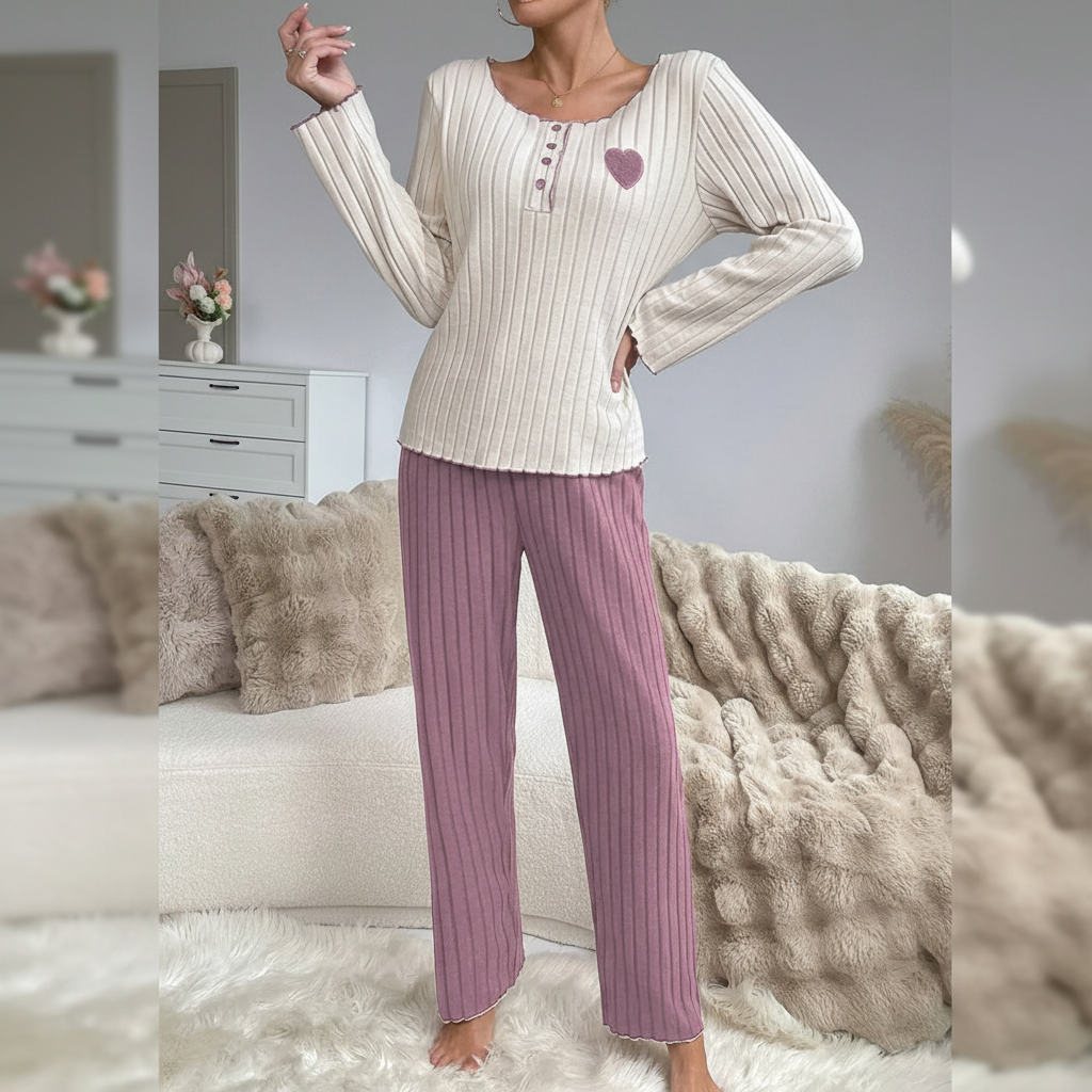 Women's ribbed pyjama set with long sleeves and ankle-length trousers