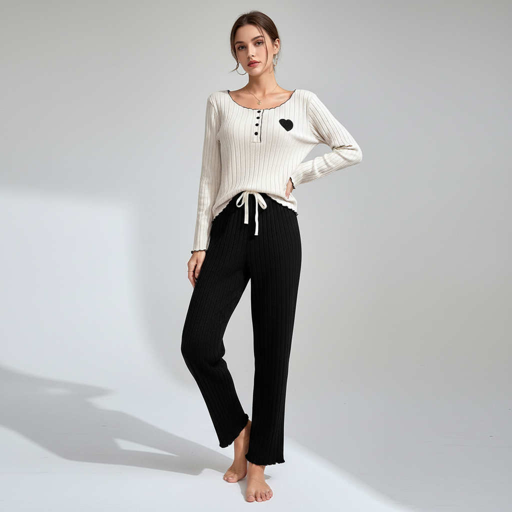 Women's ribbed pyjama set with long sleeves and ankle-length trousers