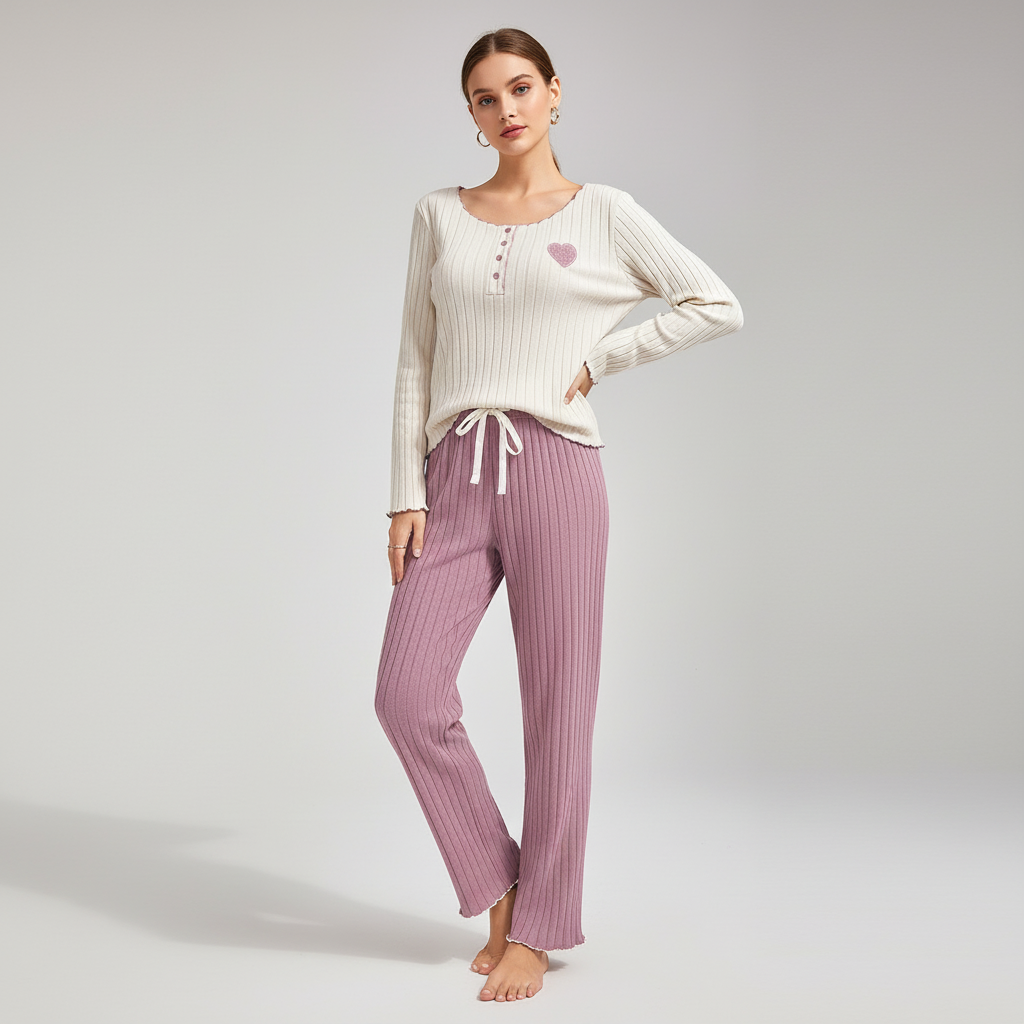 Women's ribbed pyjama set with long sleeves and ankle-length trousers
