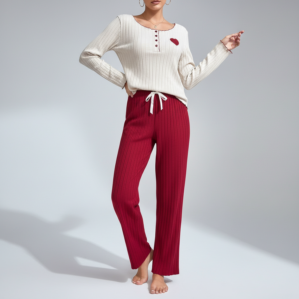 Women's ribbed pyjama set with long sleeves and ankle-length trousers
